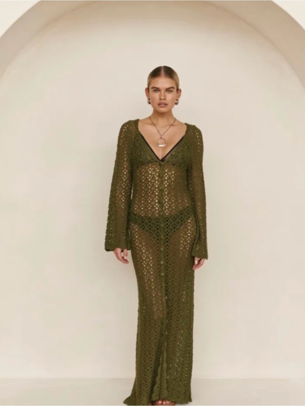 VRG GRL beach to bar knit maxi dress in olive green